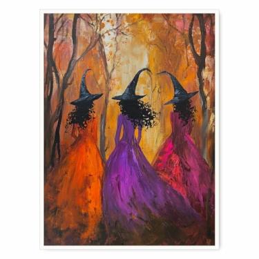 Imagem de Arte de parede em tela de três bruxas coloridas na floresta de outono – Impressão vibrante de Halloween Witchcore para quarto gótico feminino ou festival de outono decoração de sala de estar - 30 x 40