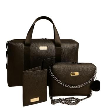 Imagem de Kit Bolsa Feminina para Viagem 3 Peças (Hercília Paiva) Conjunto Organizador Bolsa Tira Colo Alça Corrente, Mala Maternidade e Porta Passaporte Luxo Anti-fungos e Anti-UV 100% feito a mão(Marrom café)