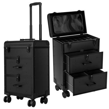 Imagem de ALUROICE Estojo grande com rodinhas para maquiagem, estojo profissional de cosmetologia de viagem sobre rodas com gavetas, organizador de unhas de 3 camadas, estojo de armazenamento para tecnologia de