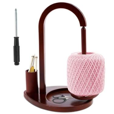 Imagem de DJAPWPX Suporte de fio de madeira para artesanato faça você mesmo, suporte de bola de fio magnético estável, rotação de 360 graus, suporte de bola de tricô com ranhura de armazenamento para tricô e