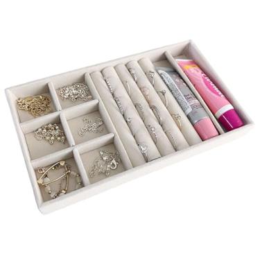 Imagem de Kit 4 Peças Bandeja Para Gaveta Porta Joias Organizador de Bijuterias em Veludo Nichos + Porta Anel (Bege)