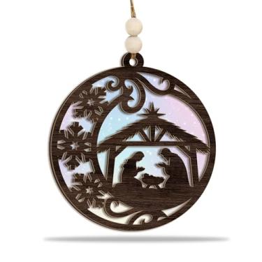 Imagem de Enfeite de madeira para presépio – Decoração de árvore de Natal rústica redonda com design de família sagrada e floco de neve – Lembrança cristã de feriado e presente de fé
