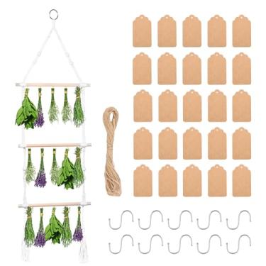 Imagem de Prateleira de secagem de ervas para pendurar com gancho destacável, fácil de pendurar, rack de desidratação de flores com 10 ganchos para secador de ervas, 25 etiquetas de presente prateleira de