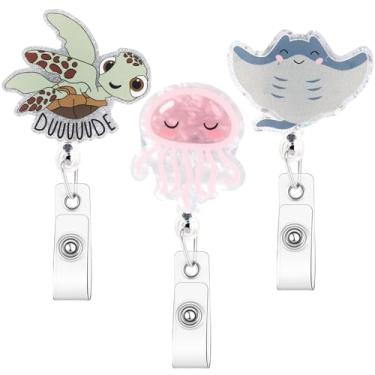 Imagem de Zkptops Carretel de crachá engraçado, 3 peças, fofo, enfermeira, tartaruga, água-viva, arraia com clipe de jacaré retrátil, suporte para crachás, amigo para enfermeiras, médicos, cartão de