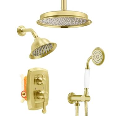 Imagem de Chuveiro duplo antigo, sistema de chuveiro: 23 cm montado no teto e montagem na parede de 15 cm com spray portátil vintage, válvula de latão desviador de 3 vias com kit de acabamento, ouro trançado