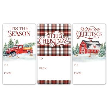 Imagem de Etiquetas de presente de caminhão vermelho para Natal, vintage Red Barn - 75 etiquetas, etiquetas de presente xadrez