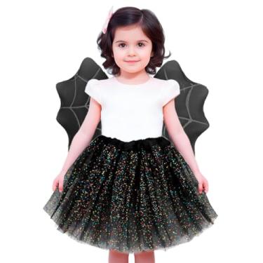 Imagem de Fantasia Infantil Halloween Barata Criativa Kit Saia de Tule Preta com Glitter e Asas Pretas de Teia de Aranha