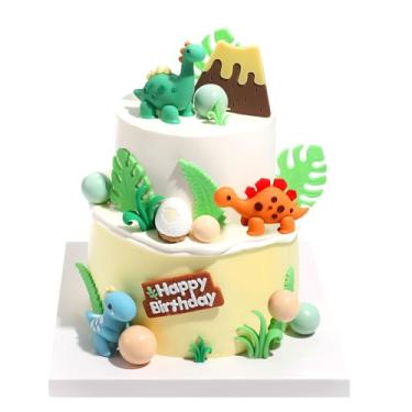 Imagem de 26 peças de topo de bolo de dinossauro de desenho animado, folhas de ovo de dinossauro, grama, vulcão, decorações de bolo para crianças, aniversário, chá de bebê, suprimentos de festa