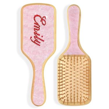 Imagem de Escova de cabelo personalizada com strass com nome - Escova de cabelo brilhante personalizada para mulheres e meninas, escova de madeira de bambu de mármore feita à mão para massagem do couro cabeludo