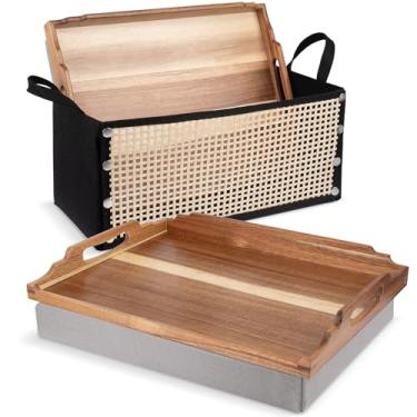 Imagem de DRELIFAM Mesa de colo com almofada, bandeja de madeira para comer, bandeja de colo em poltrona reclinável, bandeja de café da manhã, bandejas de comida para cama de jantar para TV (2 madeira de acácia