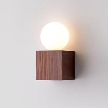 Imagem de Luminária de parede japonesa de madeira maciça, moderna, nórdica, decoração para casa, luminária com globo, vidro branco leitoso, luminária de parede interna de madeira de nogueira Wabi Sabi