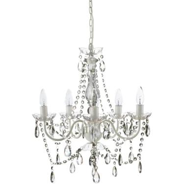 Imagem de Lustre de cristal acrílico, suporte de teto de luz transparente, estrutura de metal branco com haste de vidro transparente e luminária de lustre de cristais acrílicos transparentes