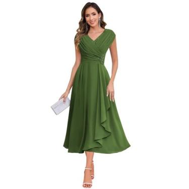 Imagem de Vestido HYY Chiffon Mãe do Noivo com decote em V, franzido, verde-oliv