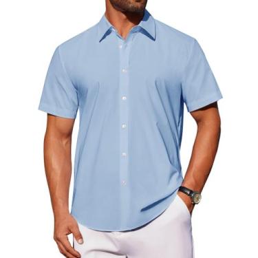 Imagem de Camisa masculina J.VER de manga curta com botões, algodão azul, 4GG