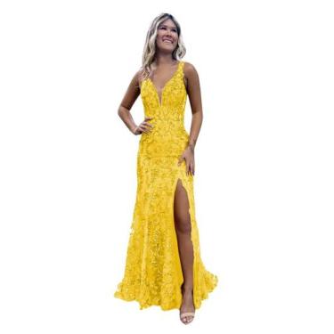 Imagem de Vestido de formatura CDSSL, amarelo, lantejoulas, decote em V, sereia,