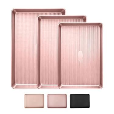 Imagem de Sakerplus Conjunto de 3 assadeiras antiaderentes, folhas de biscoito resistentes para forno com padrão de textura listrada, formas de rolo de 0,8 mm de espessura de quarto/meio/gelatina, resistente à