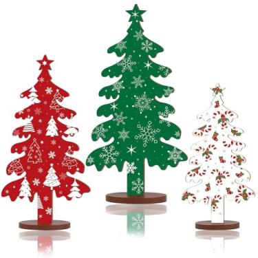 Imagem de 3 peças de decoração de mesa de árvore de Natal de madeira, design frente e verso, 3 tamanhos, decorações de Natal rústicas, mesas de centro de mesa, decoração de Natal em camadas, decoração para casa