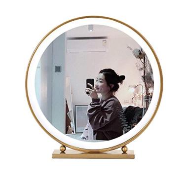 Imagem de WYUYIWH Espelho de maquiagem nórdico de ferro forjado dourado redondo decorativo espelho de mesa princesa espelho de mesa espelho de vaidade espelho de montagem na parede (tamanho: 50 cm) (tamanho