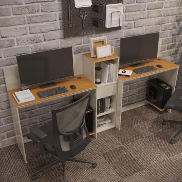 Imagem de Conjunto De Escritório Tech 1 Livreiro E 2 Mesas 90cm - Vian - Off White E Cedro Off White E Cedro