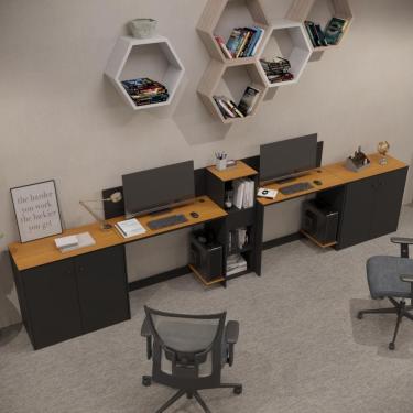 Imagem de Conjunto De Escritório Tech 1 Livreiro 2 Buffet E 2 Mesas 90 - Preto E Cedro Preto E Cedro