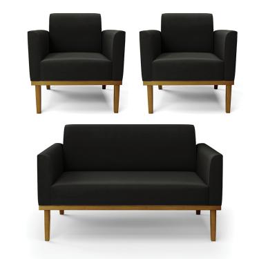 Imagem de Sofá Namoradeira com 2 Poltronas Base de Madeira Fixa Castanho Marisa Suede Preto D03 - D'Rossi