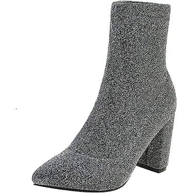 Imagem de Bota feminina de salto grosso, bico fino, sem cadarço, com estampa de leopardo, salto grosso, botas de salto alto para mulheres, Prata, 9.5
