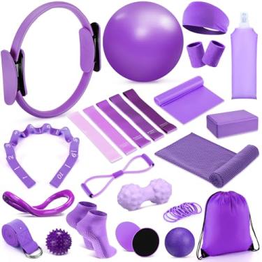 Imagem de Halloscume Kit de 24 peças de pilates em casa para mulheres, conjunto de anel e bola de equipamento de Pilates com alça de alongamento, garrafa de água, círculo mágico, anel de ioga, bolsa de