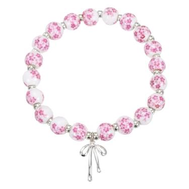 Imagem de PATIKIL Pulseira feminina de contas com pingente de laço, pulseira de cristal com contas de flores vintage, cordão elástico feito à mão com bolsa de veludo para presentes de joias, laço rosa/prata