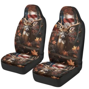 Imagem de gearider Capas de assento de carro de veado apenas assentos dianteiros camuflagem caça alta capa de assento de carro bandeira americana 2 peças capas de almofadas automotivas acessórios interiores de