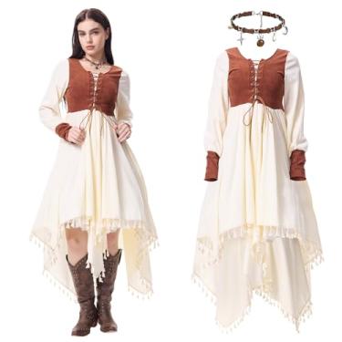 Imagem de Vestido Renascentista Feminino Medieval Fantasia Ren Faire Manga Longa com Colete Marrom para Cosplay de Halloween (Vestido Faire Ren, GG)