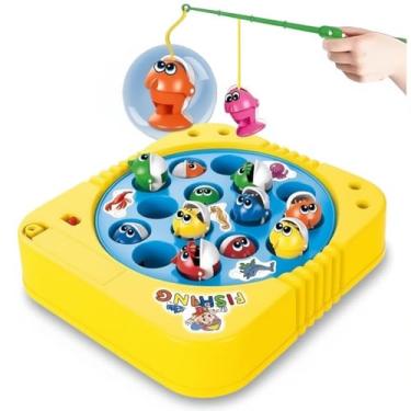 Imagem de Jogo de Pesca Infantil Educativo com Varinhas e Peixes Giratórios, Base Amarela, Plástico, para Crianças 5-12 Anos, Uso Interior, 2 Pilhas AA, Brinquedo Interativo