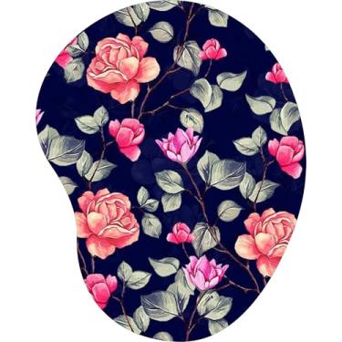 Imagem de Mouse Pad Ergonômico Gota Rosas Ramos Pêssego Rosa Fundo Azul Marinho