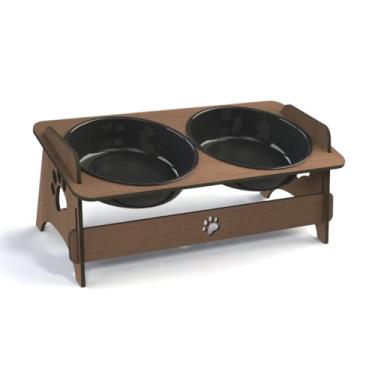 Imagem de Comedouro Elevado Inclinável Pet Ração e Água Para Cachorros e Gatos em MDF Com 1 Ou 2 Potes Tigela(Nogueira,2 Potes)