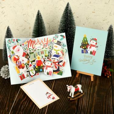Imagem de Cartão de Natal pop-up 3D, cartão festivo azul festivo de Natal com árvore de boneco de neve de Papai Noel, cartões de felicitações de feliz Natal para escritório, amigos e familiares