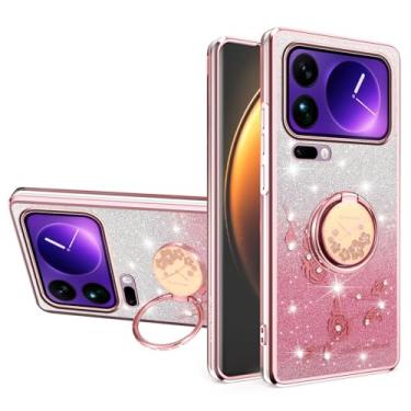 Imagem de MRRSIWEI Capa com glitter para Xiaomi 17 Pro Max, capa luxuosa com flores brilhantes à prova de choque para mulheres e meninas com suporte de anel para Xiaomi 17 Pro Max. Flores rosa