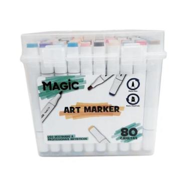 Imagem de Kit art marker 80 cores magic kids canetas marcadoras ponta dupla com 