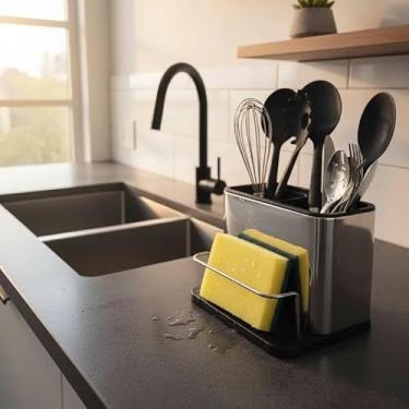 Imagem de Organizador de Pia Porta Talheres Compacto Divisórias para Escova Esponja Detergente Cozinha Aço Inox e Plástico Design Moderno Elegante