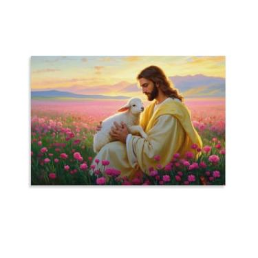 Imagem de Jesus Christ Holding A Lost Lamb in A Vast Field of Pink Flowers Poster Print Canvas Wall Art Moderna Pintura Decorativa Sala de Estar Quarto Pintura