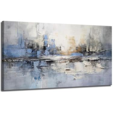 Imagem de Arte de parede grande abstrata para sala de estar azul e branco pintura reflexiva quadros modernos grandes neutros pôsteres impressos para banheiro, quarto, escritório, decoração de casa