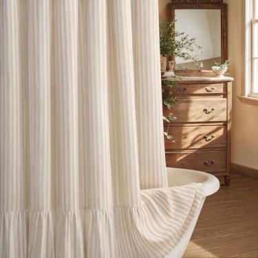 Imagem de XOGUIBO Cortina de chuveiro Farmhouse com bainha de babados cortinas de chuveiro de linho para banheiro país vintage tecido natural rústico, listra creme-bege 183 cm L x 244 cm C
