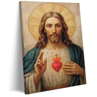 Imagem de Yirmoky Arte de parede em tela do Sagrado Coração de Jesus Cristo Jesus Misericórdia Retrato Pintura Decoração de Parede Arte Religiosa Cristã para Sala de Estar Quarto Igreja Sala de Oração Decoração