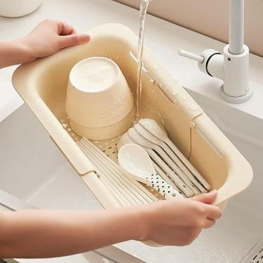 Imagem de Escorredor de pia de cozinha, cesta extensível sobre a pia para lavar legumes e frutas, drenar macarrão cozido e pratos secos 34,5 cm - 47,5 cm C x 20 cm L x 7 cm A - creme