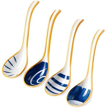 Imagem de Colheres de sopa de cerâmica asiática de 16,3 cm, conjunto de 4 colheres de porcelana azul e branca com acabamento dourado, tigelas para pratos de pho, ramen e arroz