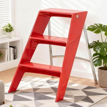 Imagem de Escada dobrável de acrílico com 3 degraus, banqueta dobrável de cozinha para adultos, pequena escada dobrável para armário, escada portátil para uso interno (vermelho)