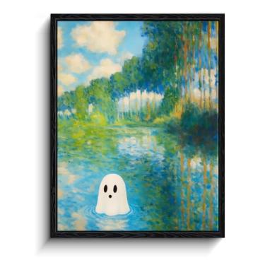 Imagem de Fantasma branco no rio com álamos, decoração de parede com imagens de fantasmas estilo Monet, arte de parede fantasma com moldura fosca, imagens engraçadas de fantasmas para casa, presente de amigos