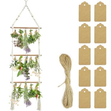Imagem de YAHAHARICH Prateleira de secagem de ervas com 15 peças de etiquetas de presente marrons e fio de juta natural de 9,8 m, secador de ervas para secagem de flores, prateleira suspensa para secar ervas