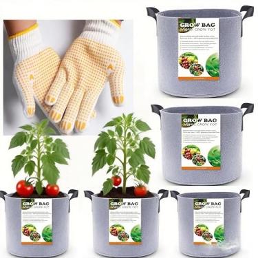 Imagem de Kriopy Sacos de cultivo, vaso de galão, saco de cultivo de galão, vasos de vegetais de tecido com alças, sacos de cultivo de 2 a 12 galões com 1 luva de jardinagem antiderrapante, 5 peças (7 galões)