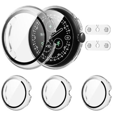 Imagem de Suoman Pacote com 4 para Google Pixel Watch 4 45 mm, protetor de tela de vidro temperado HD, capa protetora brilhante de policarbonato rígido [adicionar porta de carregador] para Pixel Watch 4 de 45