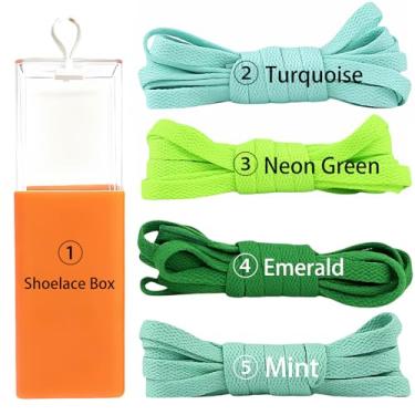 Imagem de sovida 4 pares de cadarços planos - 36 cores para cadarço de sapatos, tênis de corrida atlético, sapatos casuais, cordas para botas, 13-turquesa + verde neon + esmeralda + menta + caixa de cadarço