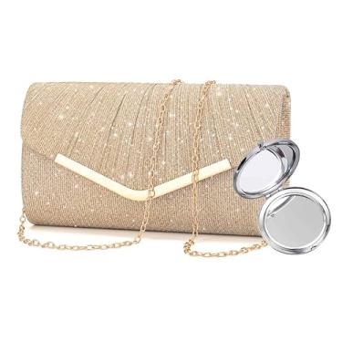 Imagem de STWPYL Bolsa clutch noturna feminina com alça de corrente intercambiável e espelho – Bolsa de casamento, formatura e festa, Champanhe